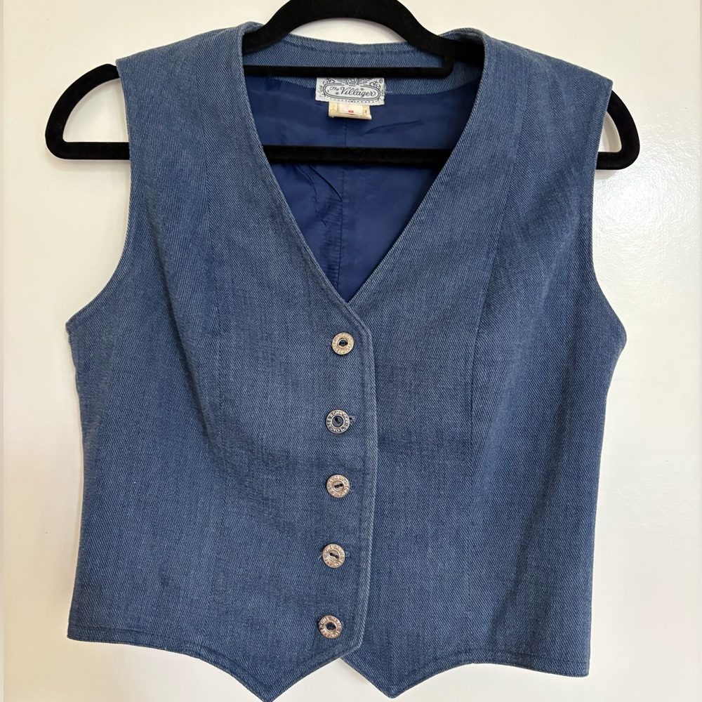 Vintage 1970s Blue Denim Button-Up Vest- The Villager Size 8